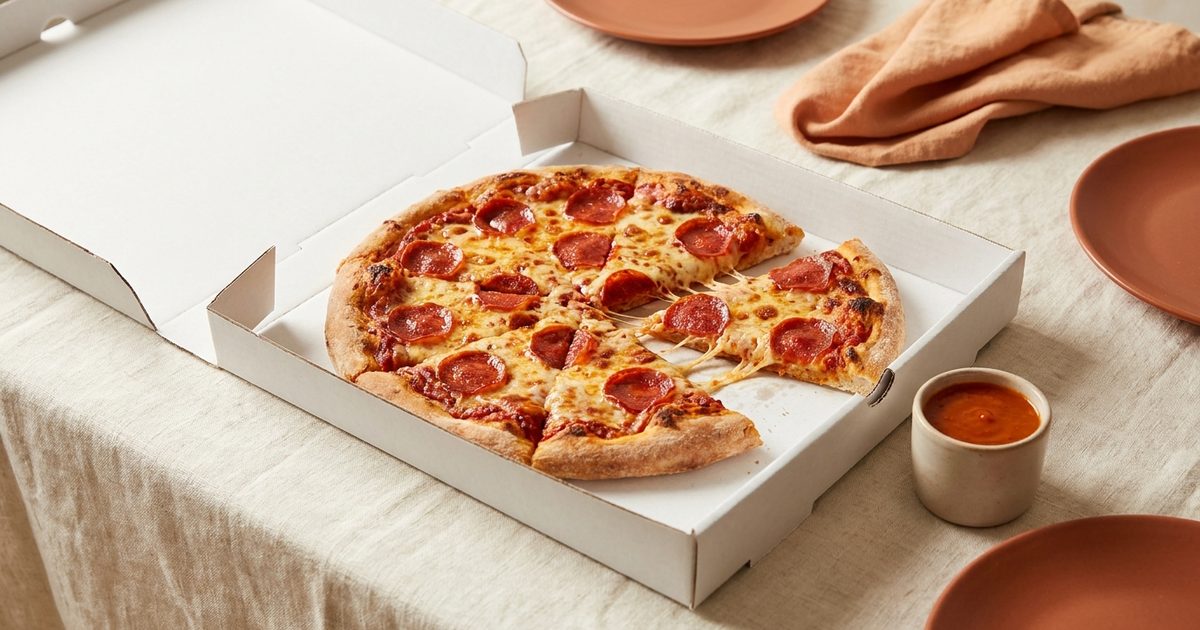 A pepperoni pizza in an open box with one slice pulled away