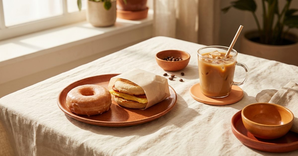 An iced coffee, a glazed donut, and a breakfast sandwich