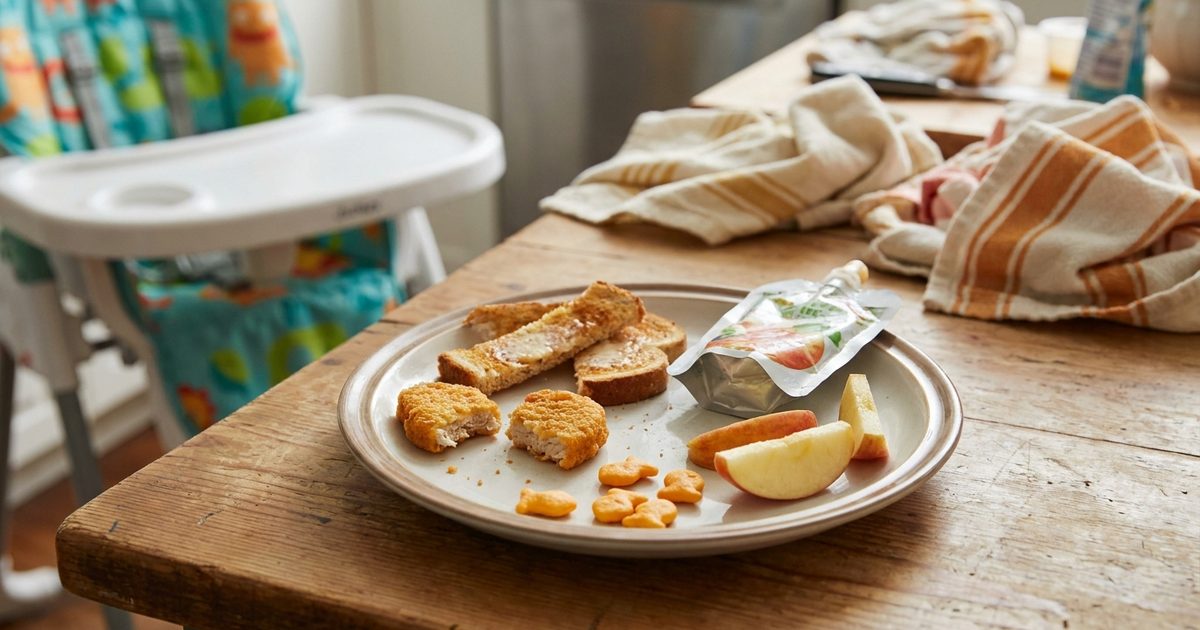 A kid plate with leftover chicken nuggets, toast crusts, crackers, apple slices and a pouch