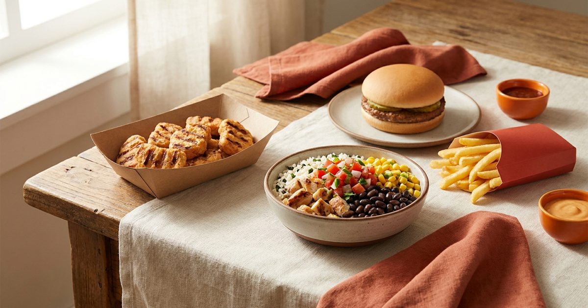 A high-protein fast food spread: grilled chicken nuggets, a chicken burrito bowl, a burger, and fries