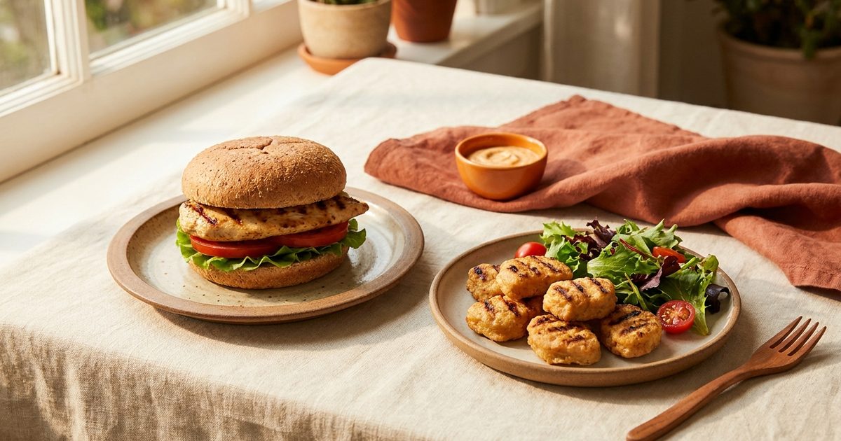 A grilled chicken sandwich and grilled nuggets with a side salad