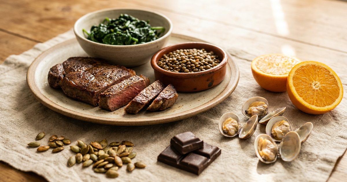 Iron-rich foods: seared steak, spinach, lentils, clams, pumpkin seeds, dark chocolate and orange
