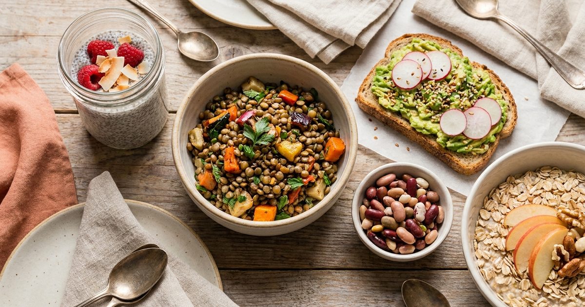Chia pudding, lentil salad, oats, beans and avocado toast in a fiber-rich spread