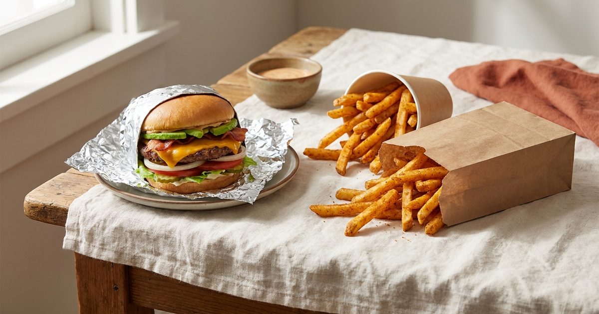 A cheeseburger in foil with cajun fries spilling into a paper bag