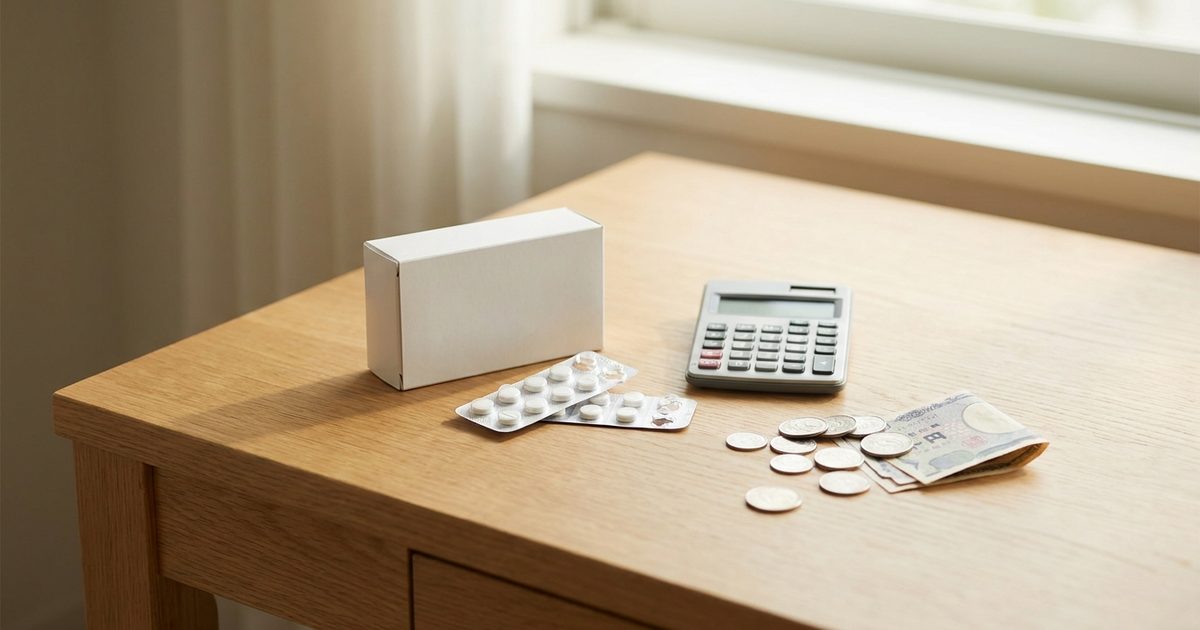 A plain prescription box, pill blister pack, calculator and coins on a wooden desk