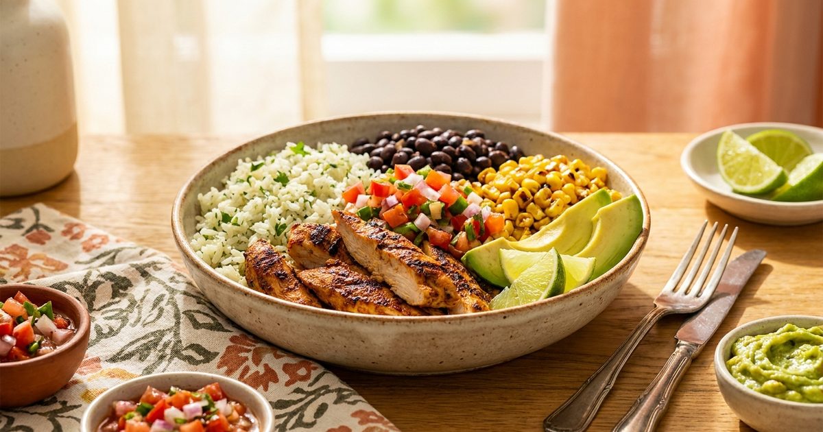 A burrito bowl with grilled chicken, rice, black beans, corn, pico de gallo and avocado