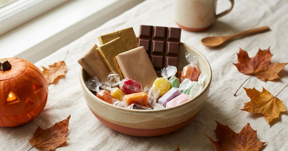 A bowl of assorted fun-size candy next to a small carved pumpkin