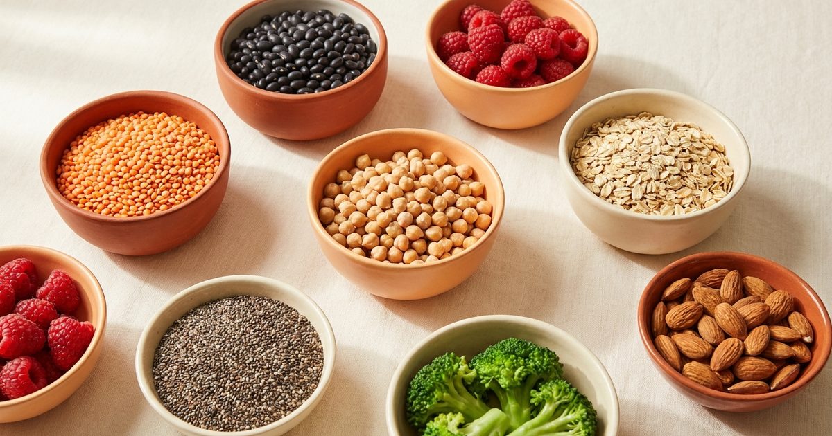 Small bowls of lentils, beans, chickpeas, raspberries, chia seeds, oats, broccoli, and almonds