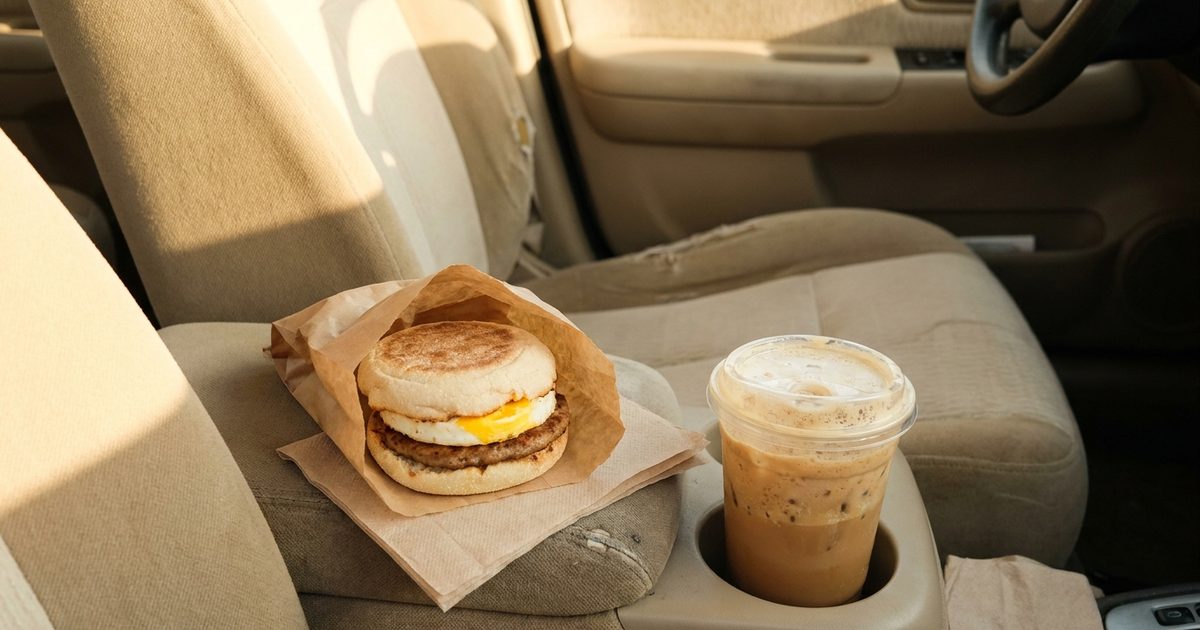 An egg and sausage breakfast muffin and an iced coffee on a car seat in morning sun
