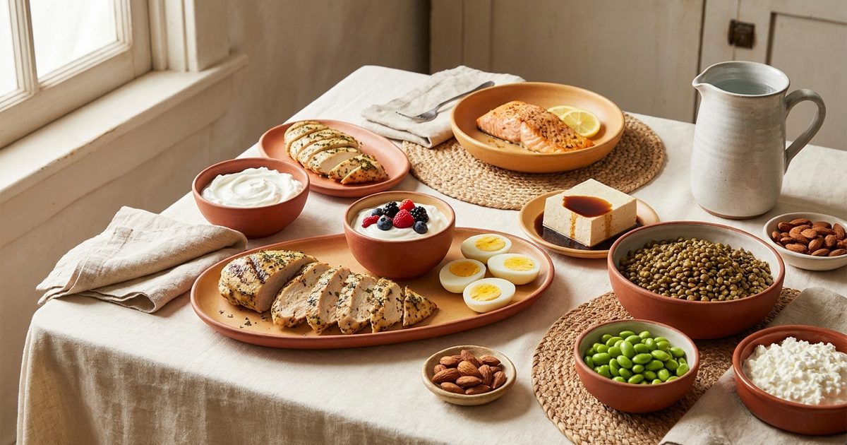 A spread of high-protein foods: chicken, salmon, Greek yogurt, eggs, tofu, lentils, edamame, cottage cheese, and almonds
