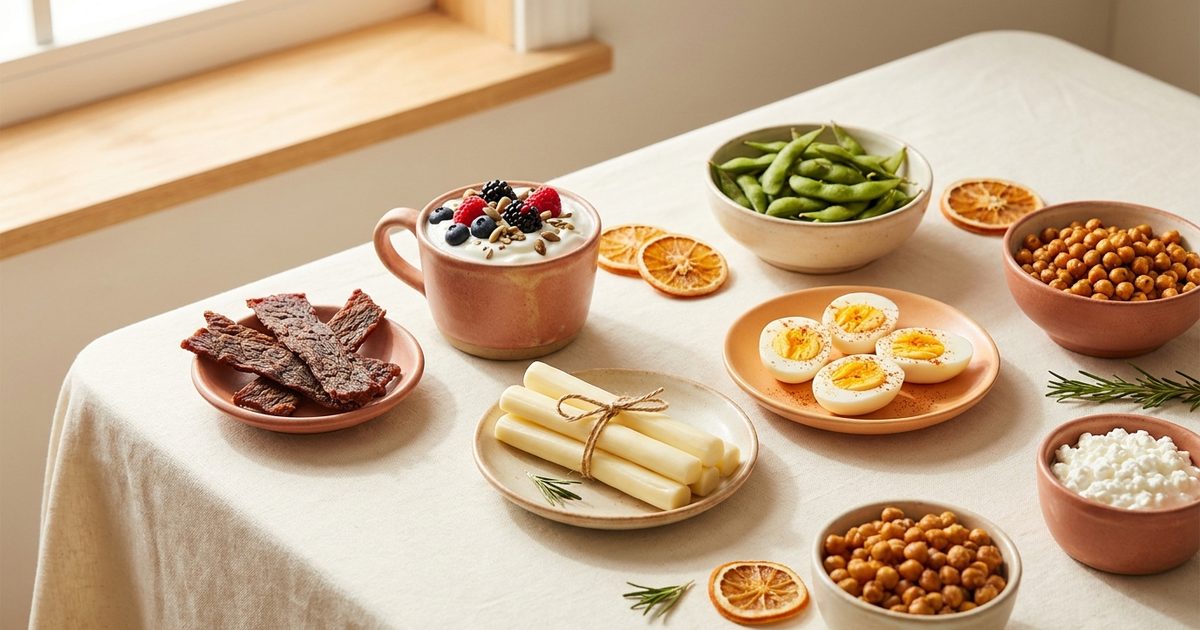 Jerky, Greek yogurt, string cheese, hard-boiled eggs, edamame, roasted chickpeas, and cottage cheese