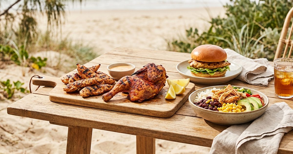 Grilled chicken tenders, a peri-peri chicken quarter, a chicken burger and a burrito bowl on a sunny beachside table