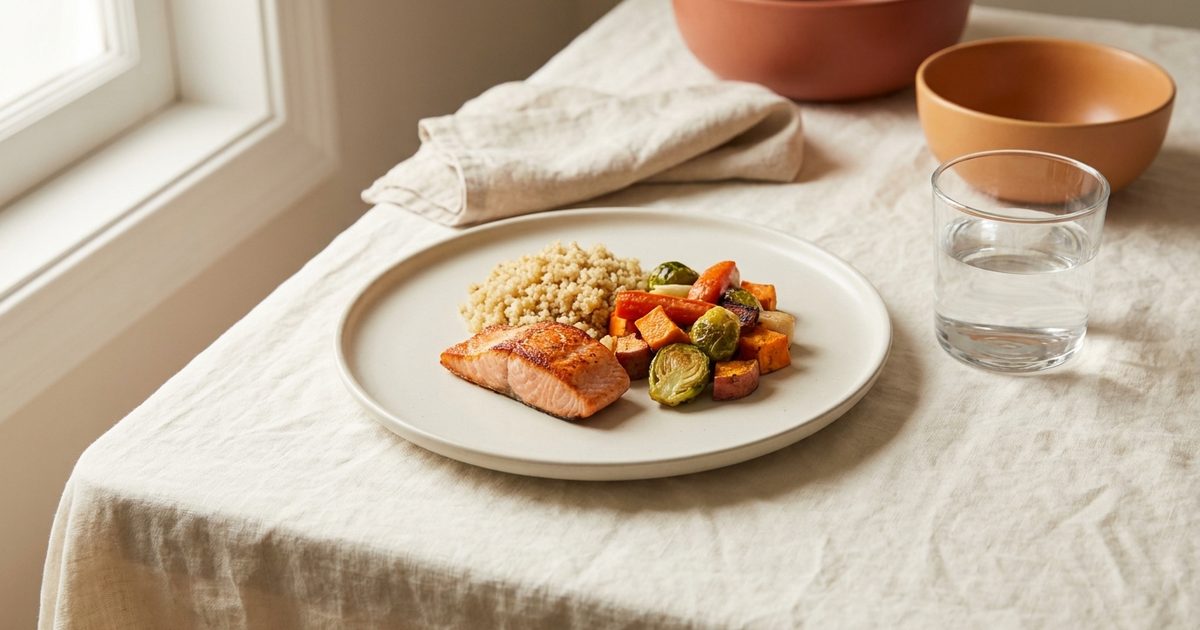 A small balanced plate of salmon, quinoa, and roasted vegetables with a glass of water