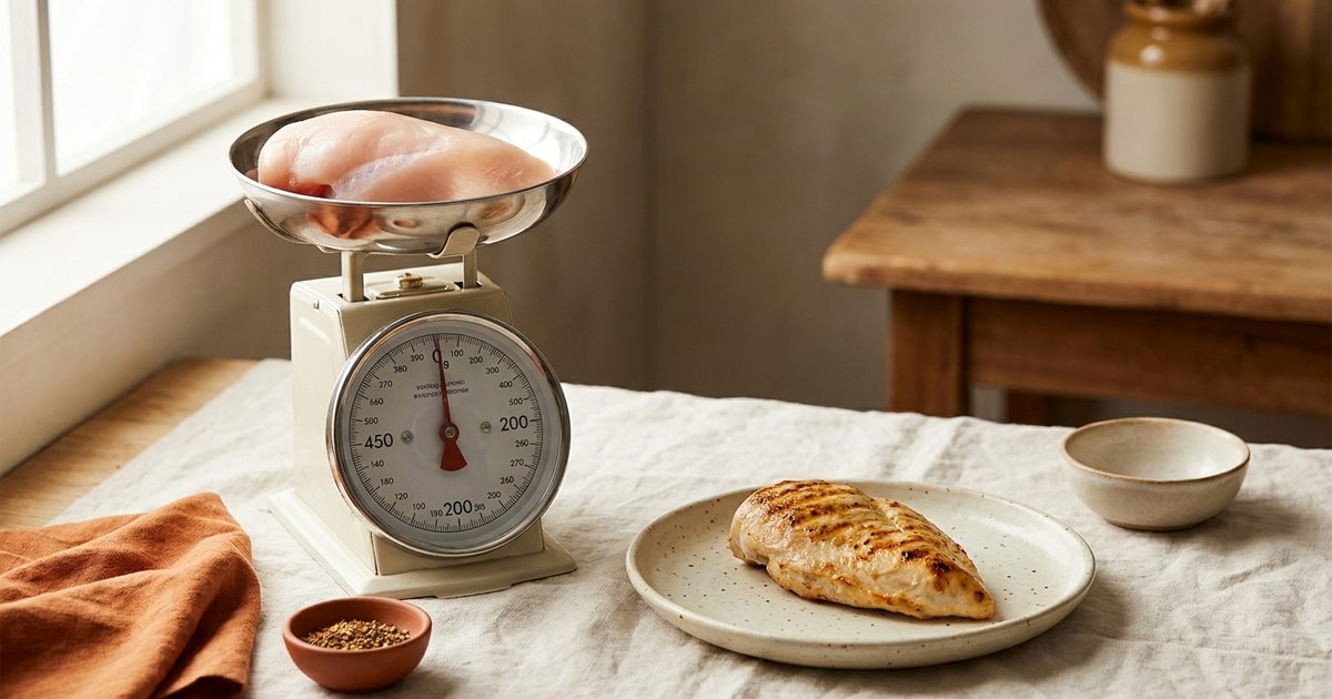 A raw chicken breast on a kitchen scale next to a smaller grilled chicken breast