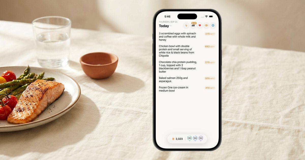 Nouri's daily log screens next to a salmon dinner plate