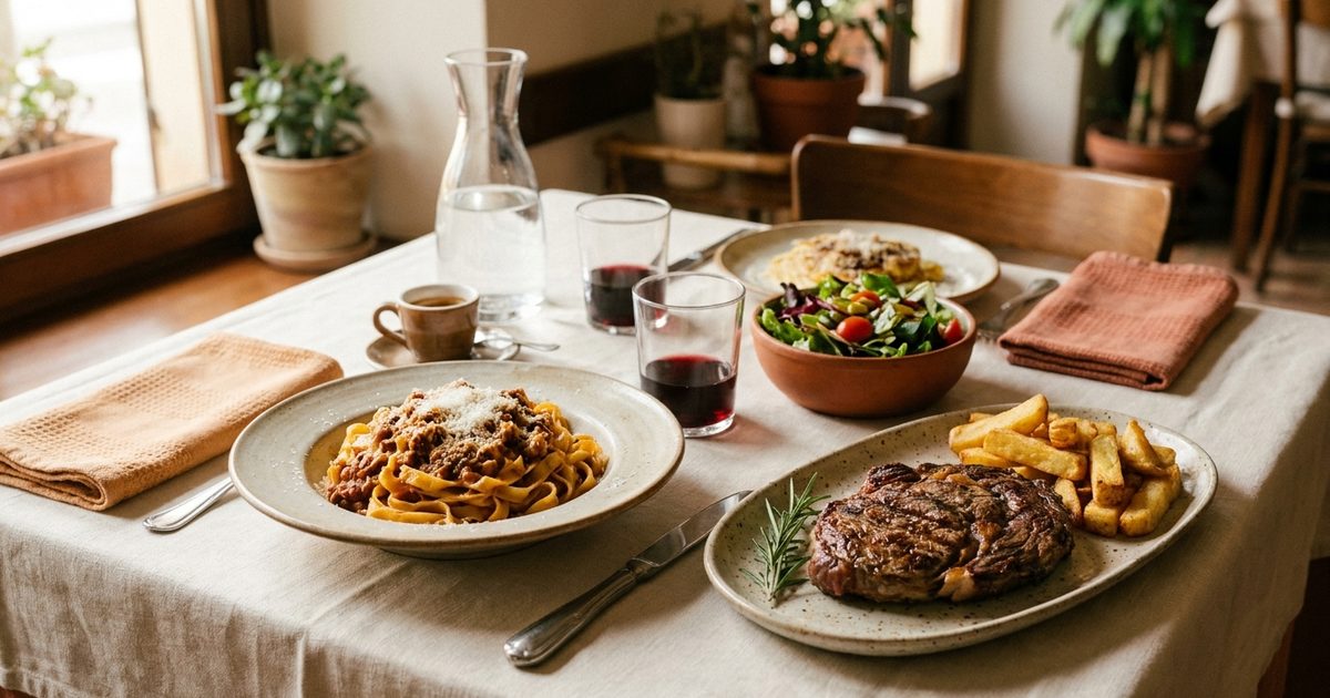 A restaurant table with pasta, steak and fries, salad, and drinks