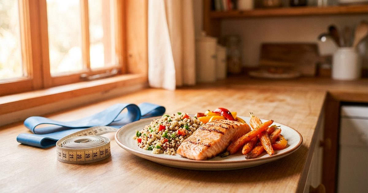 Grilled salmon with quinoa and roasted vegetables next to a tape measure and a resistance band