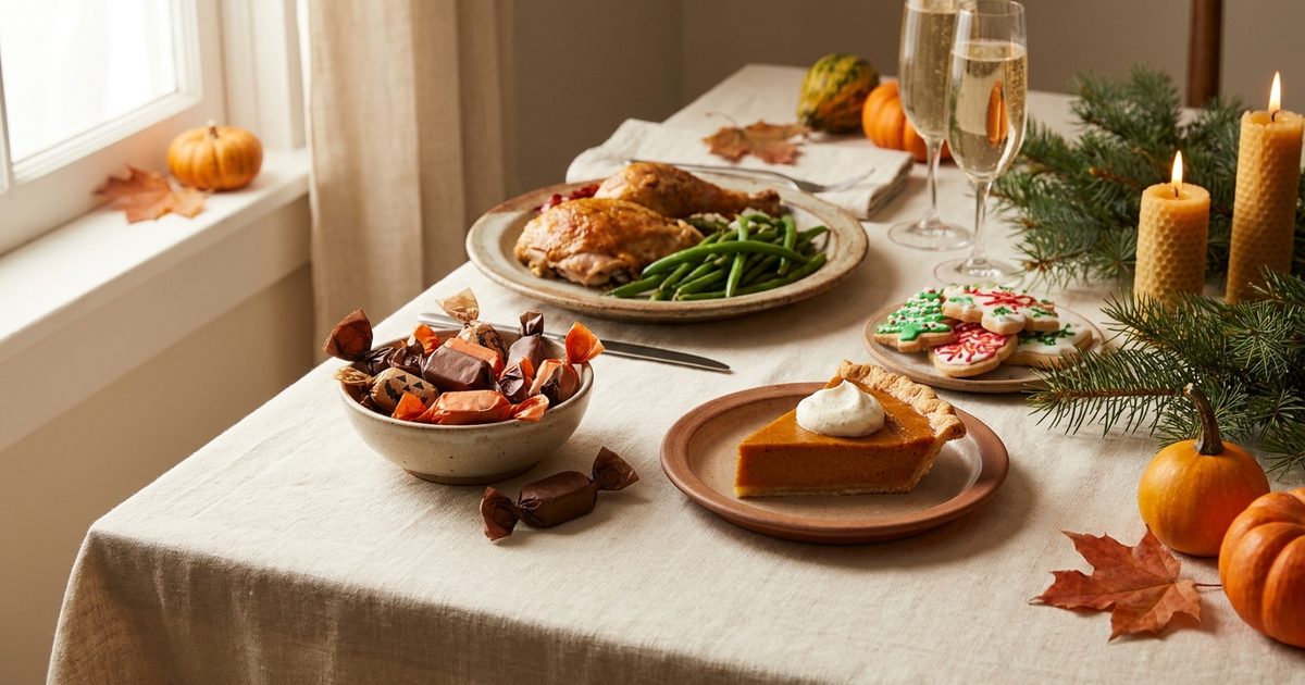 A holiday table with candy, pumpkin pie, turkey, Christmas cookies, and champagne glasses