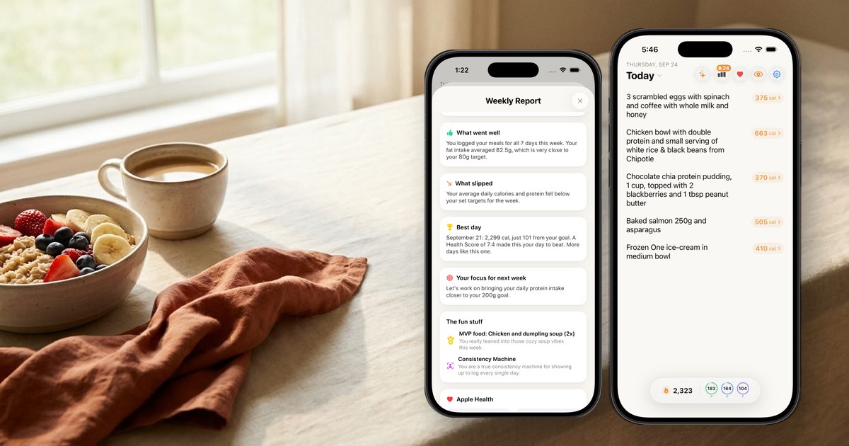A Nouri weekly report and daily log on iPhone next to oatmeal and coffee
