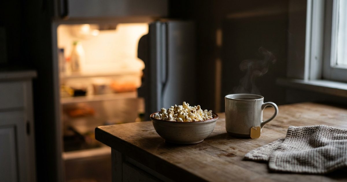 A bowl of popcorn and a mug of herbal tea in a dim kitchen lit by the open fridge