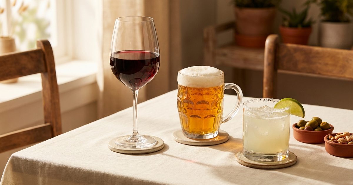 A glass of red wine, a pint of beer, and a margarita