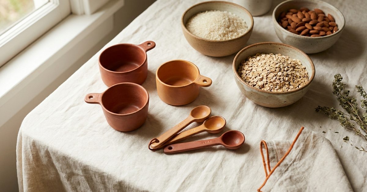 Measuring cups and spoons next to bowls of rice, oats, and almonds