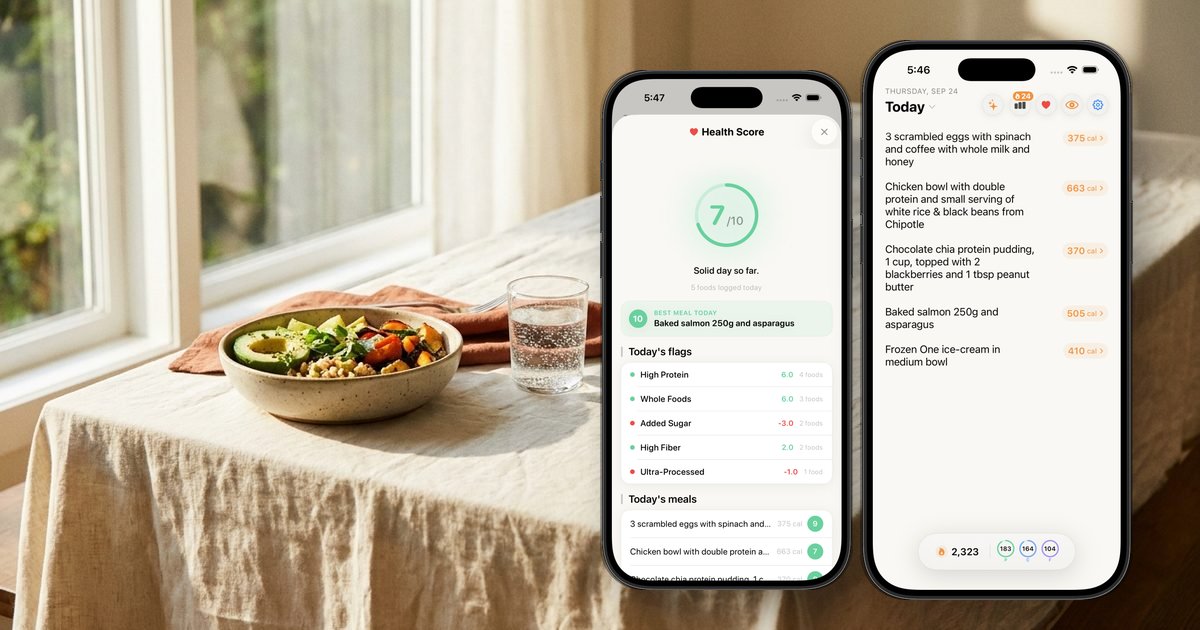 Nouri's Health Score and daily log on iPhone next to a grain bowl