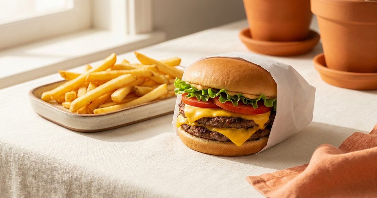 A double cheeseburger and fries in plain white paper