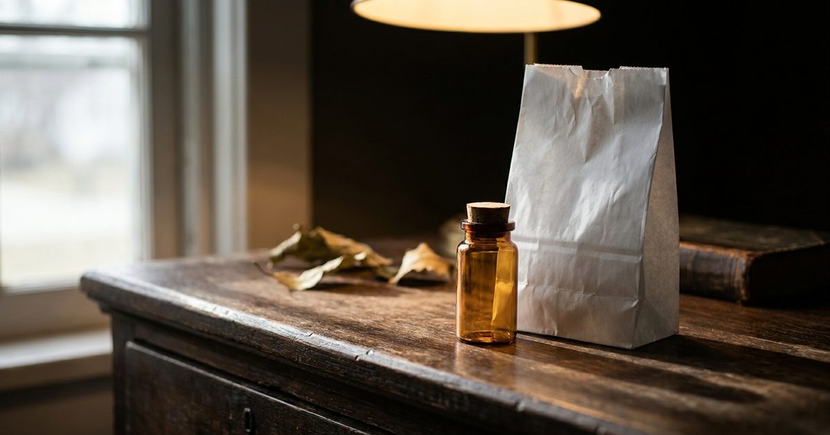 An unlabeled small glass vial and a plain pharmacy bag on a dark counter