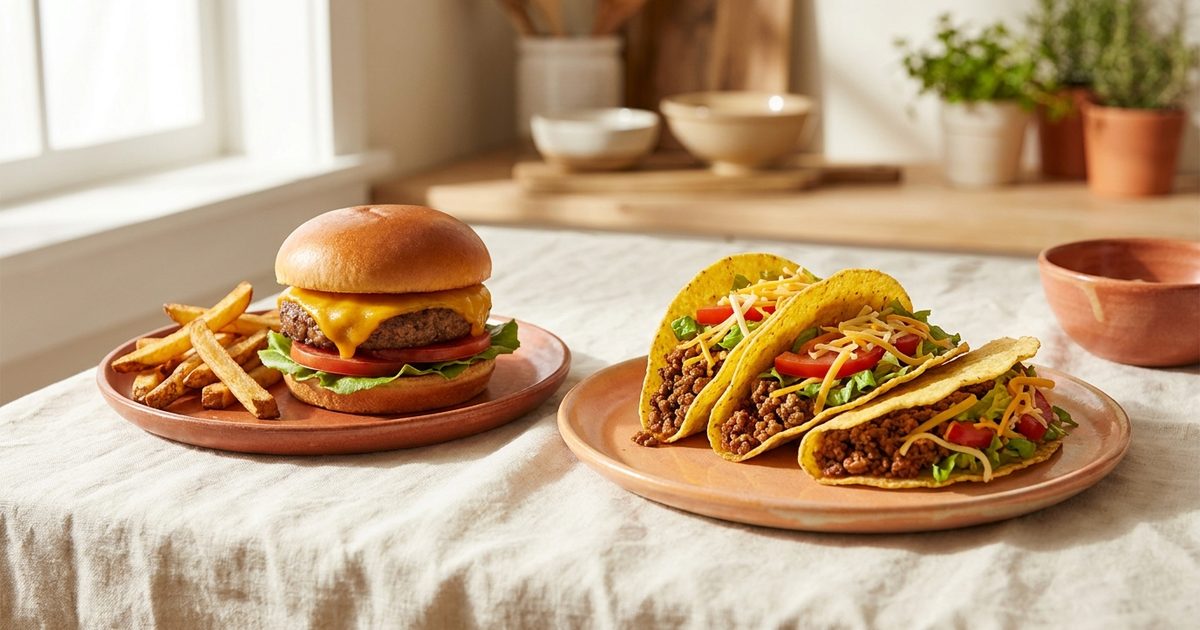 A cheeseburger next to two crispy tacos and fries