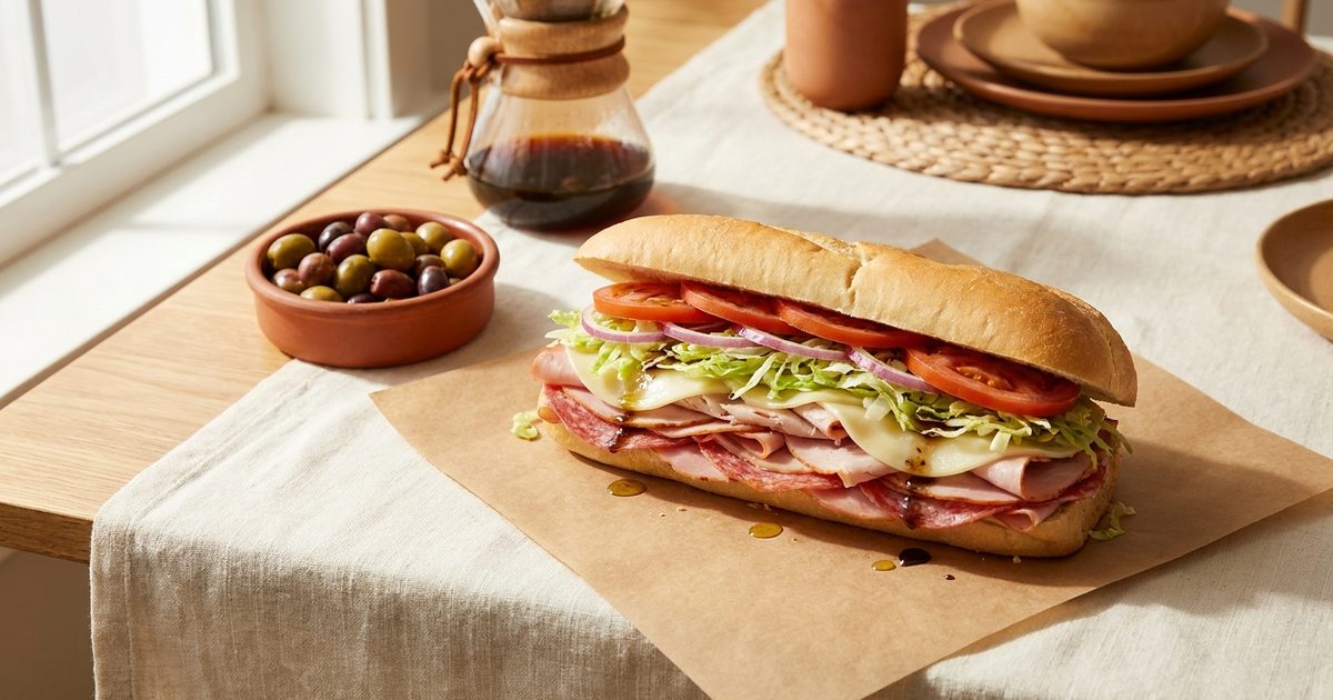 A deli sub with provolone, lettuce, onion, and tomato on paper