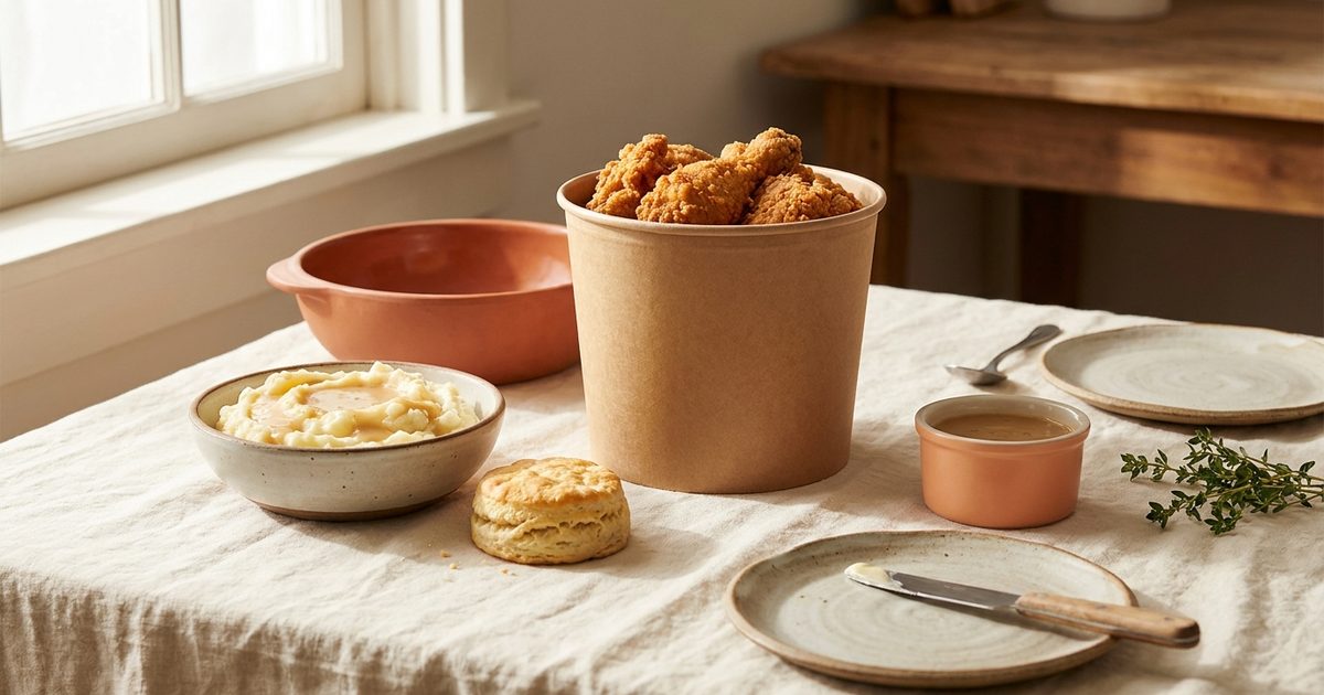 Fried chicken in a bucket with mashed potatoes, gravy, and a biscuit