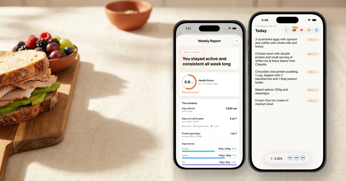 A Nouri weekly report and daily log on iPhone next to a sandwich and fruit