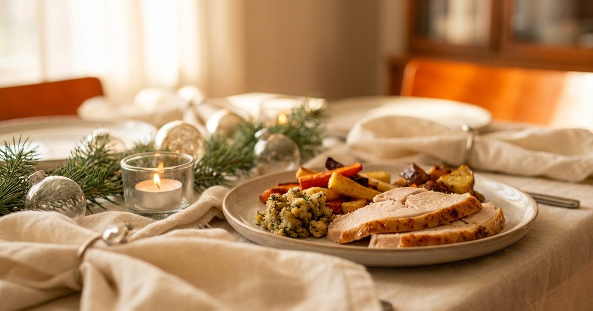 A balanced Christmas plate of turkey, roasted vegetables and a small scoop of stuffing