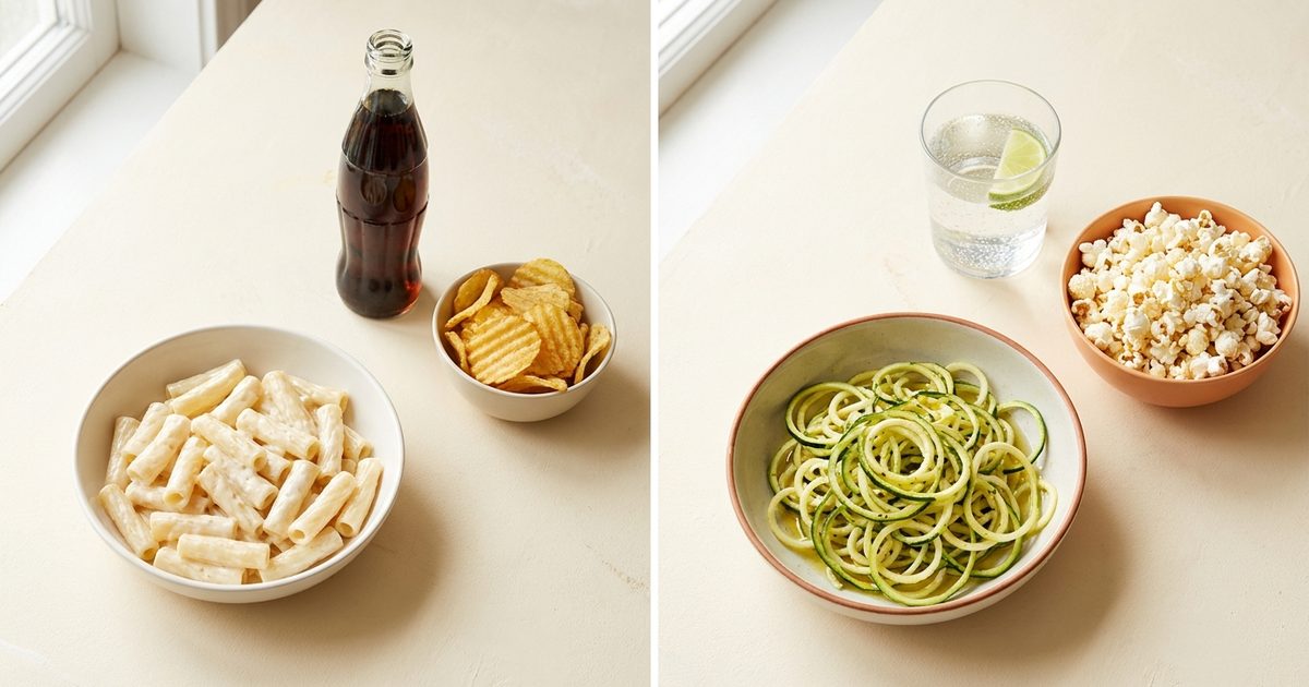 Pasta next to zucchini noodles, soda next to sparkling water, chips next to popcorn