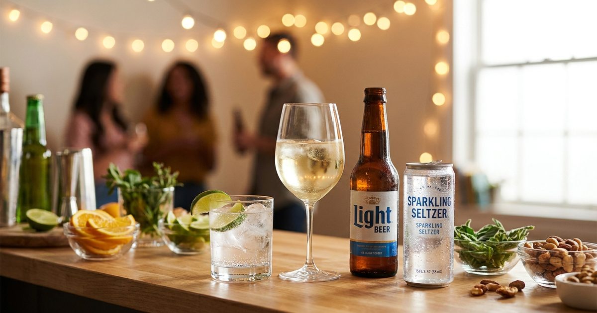 A vodka soda with lime, a white wine, a light beer and a sparkling seltzer on a party bar