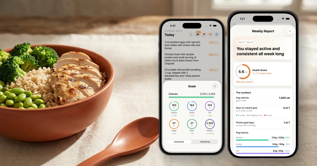 Nouri's goals and weekly report on iPhone next to a chicken and rice bowl