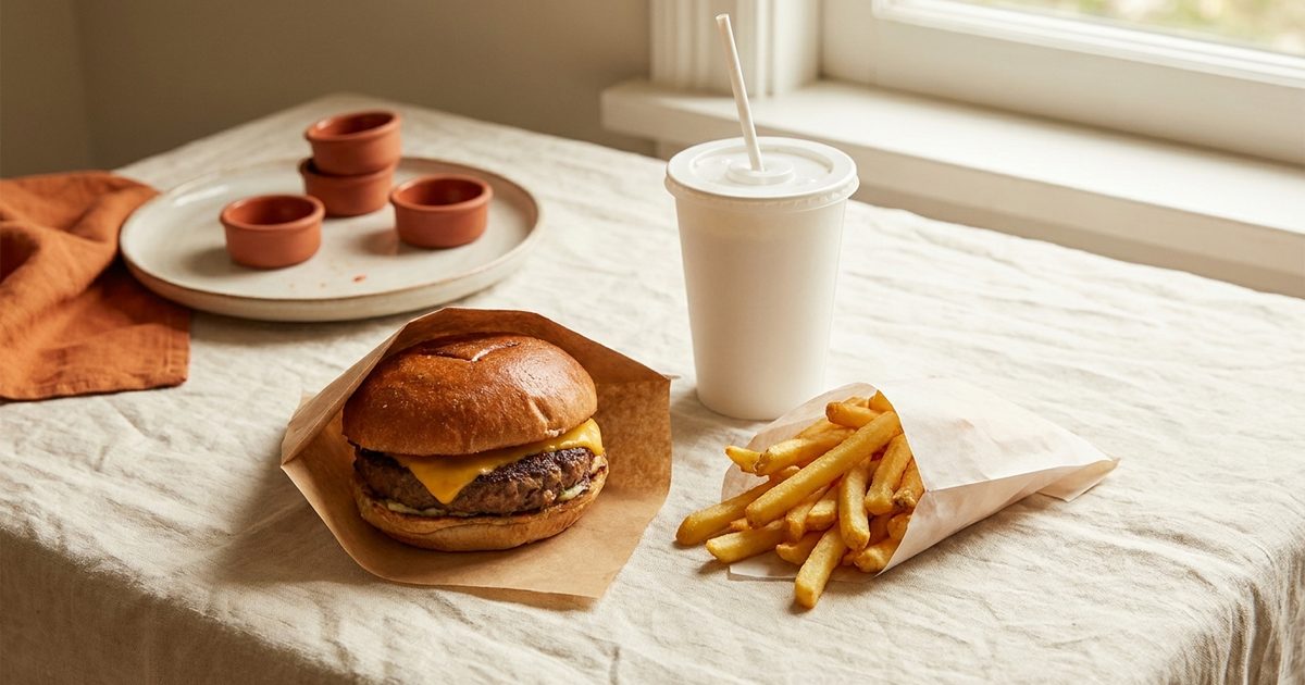 A cheeseburger, fries, and a soda in plain packaging