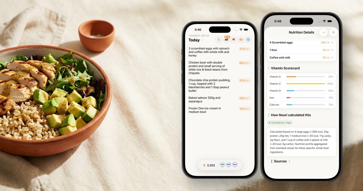 Nouri's daily log and meal breakdown screens next to a healthy lunch bowl