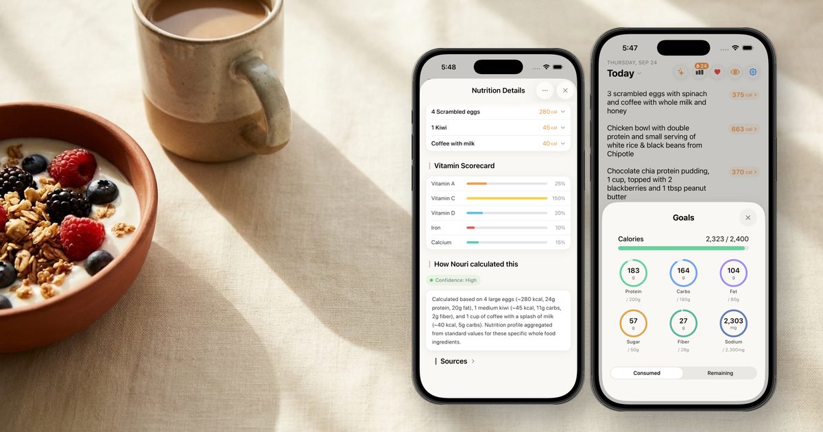 Nouri's nutrition details and goals on iPhone next to a yogurt bowl