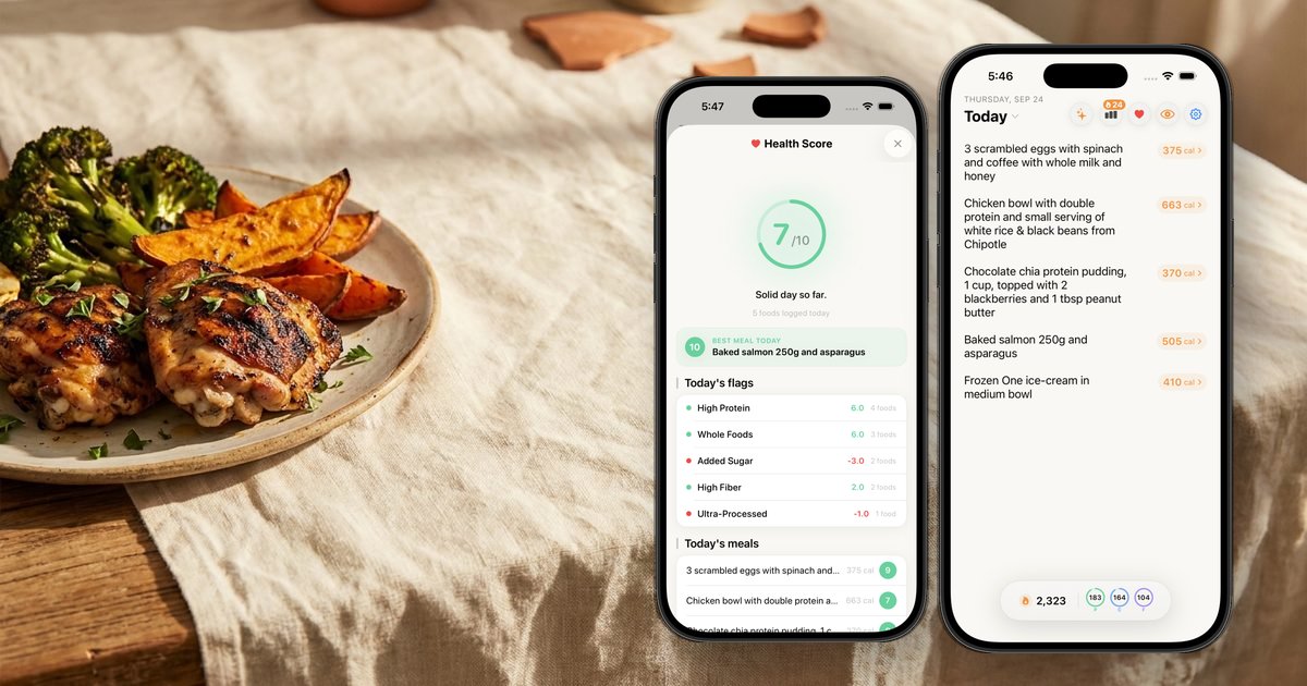 Nouri's Health Score and daily log on iPhone next to a plate of chicken and sweet potatoes