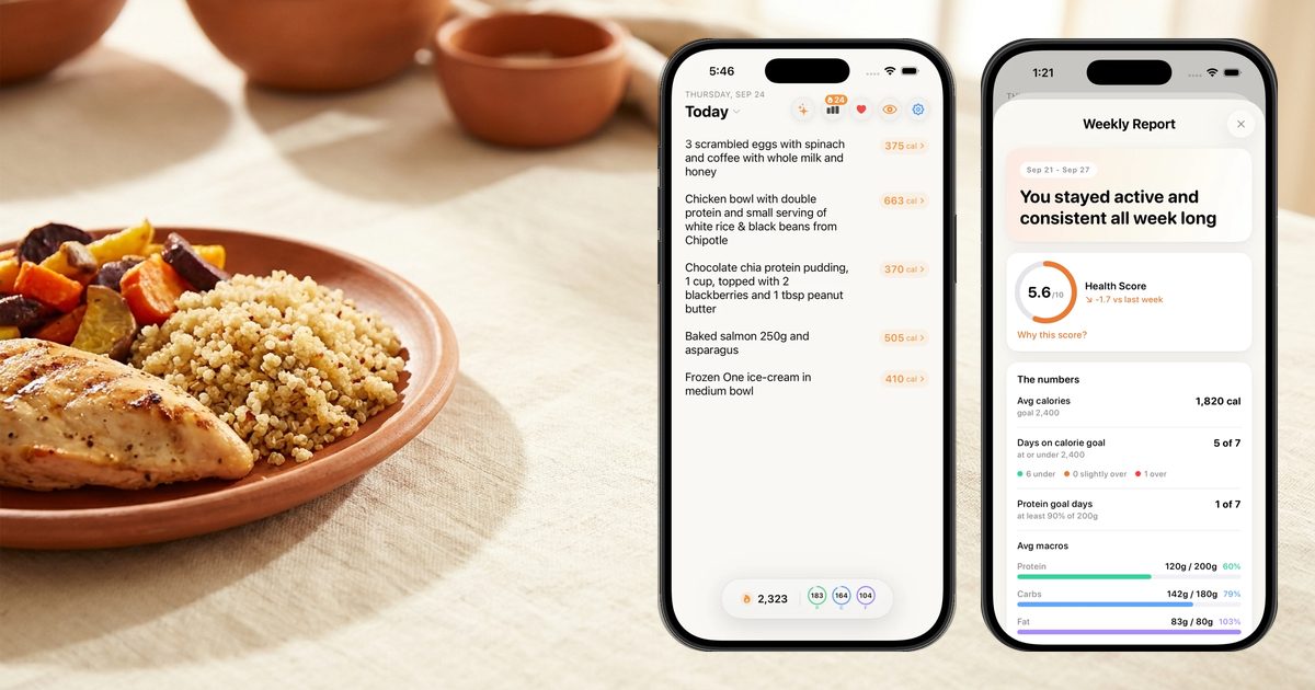 Nouri's daily log and weekly report screens next to a healthy lunch plate