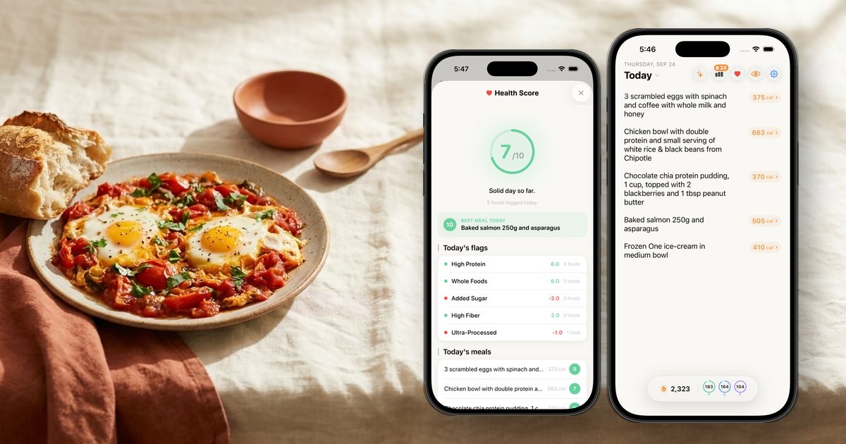 Nouri's Health Score and daily log on iPhone next to a pan of shakshuka