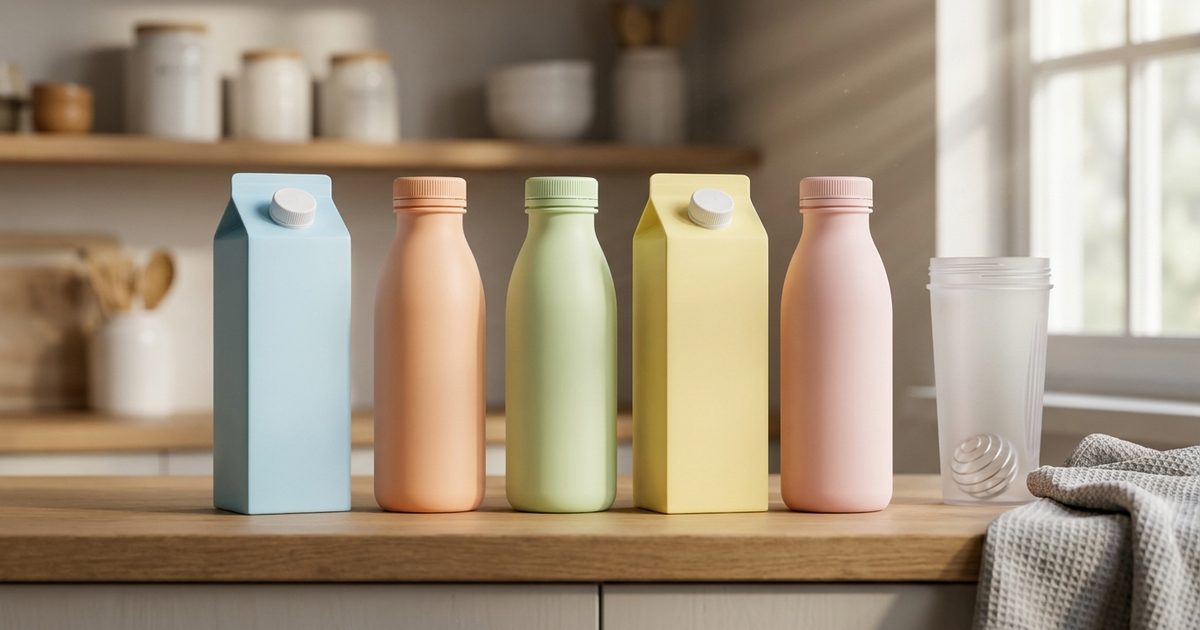 A row of pastel protein shake bottles and cartons on a kitchen counter with a shaker cup