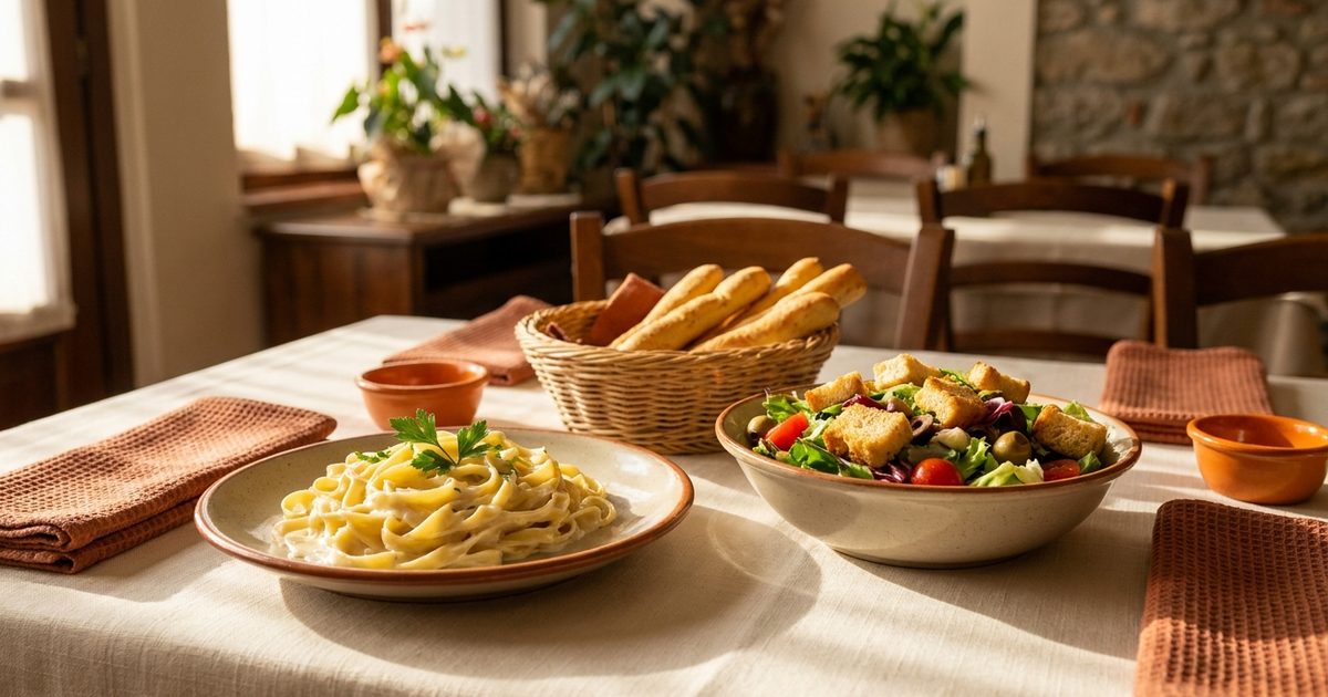 Fettuccine alfredo with an Italian salad and breadsticks