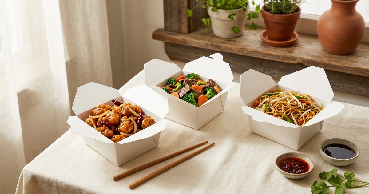 Orange chicken, broccoli beef, and chow mein in takeout containers