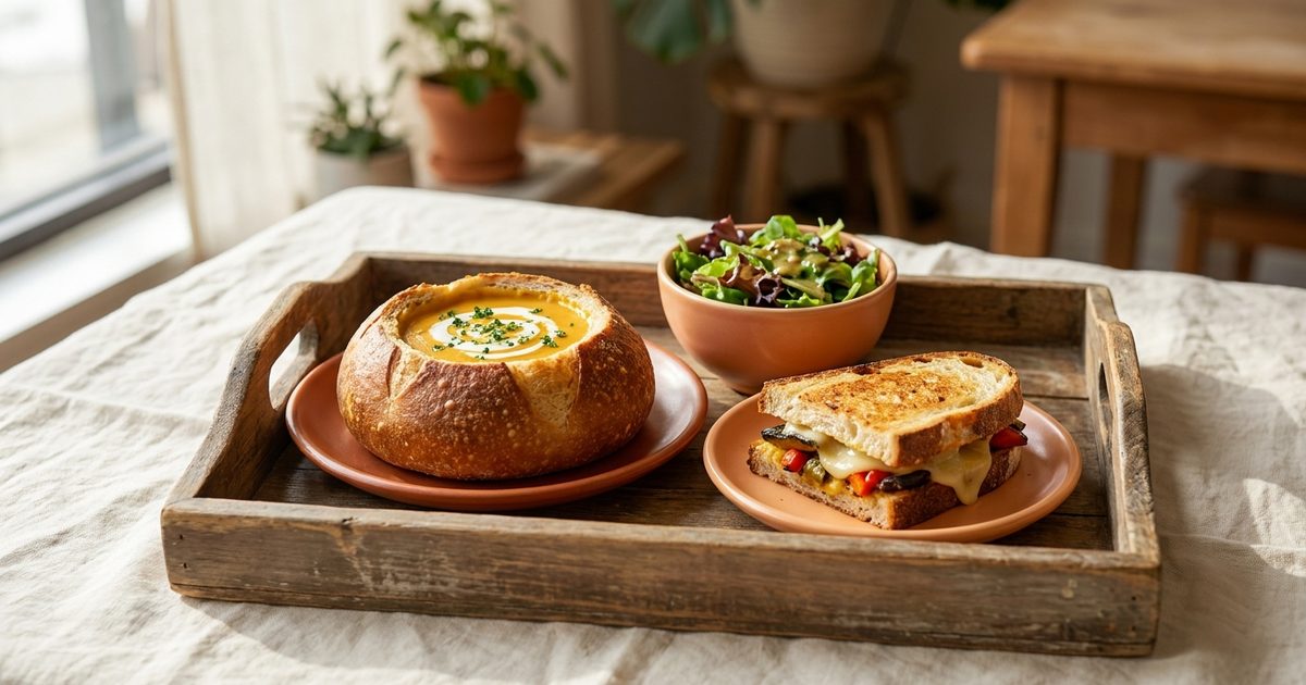 Soup in a bread bowl with half a sandwich and a side salad