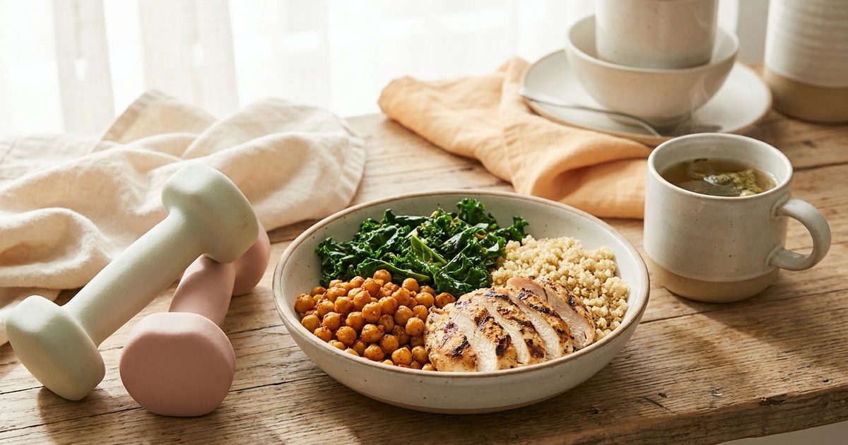 Chicken, chickpeas, greens and quinoa beside light dumbbells and a cup of tea