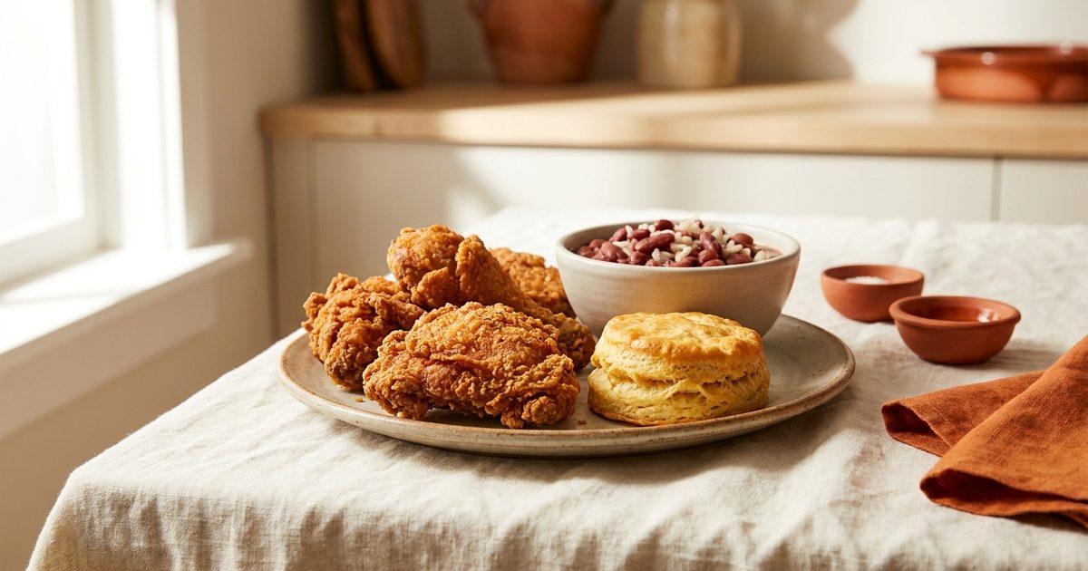 Fried chicken with a biscuit and red beans and rice