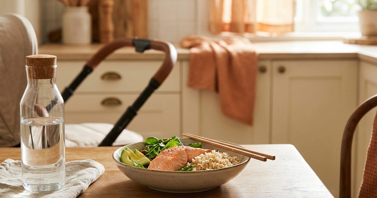 A bowl of salmon, rice and greens with a water bottle and a stroller handle in a calm kitchen